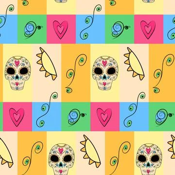 Seamless colorful pattern of abstract patterned scull, sun, butterfly and twig Stock Illustration