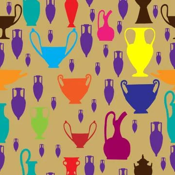 Seamless colorful pattern with amphora and ancient pottery Stock Illustration