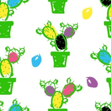 Seamless colorful pattern with cactus in pots. Vector illustration. Stock Illustration