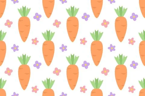 Seamless colorful pattern with carrots and pink and purple flowers on white Stock Illustration