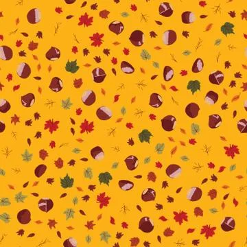 Seamless colorful pattern with chestnuts and autumn leaves. Flat cartoon styl Stock Illustration