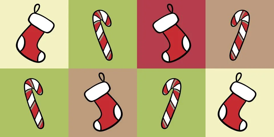 Seamless colorful pattern featuring alternating Christmas stockings and candy 스톡 일러스트