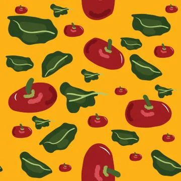 Seamless colorful pattern with tomatoes and salad leaves. Stock Illustration