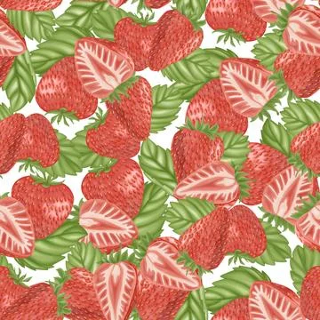 Seamless colorful pattern of vibrant red strawberries with green leaves creat Stock-Illustration