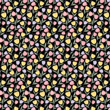 Seamless Colorful Tulip Pattern on Black Background with Dense Floral Print Stockillustratie