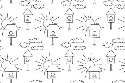 Seamless Coloring Pattern of Birdhouses, Clouds, and Suns Stock Illustration