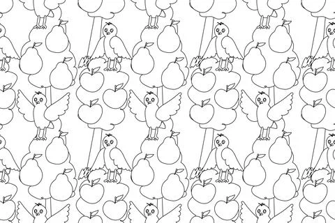 Seamless Coloring Pattern of Birds, Trees, Apples, and Pears Illustrazione stock