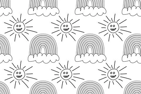 Seamless Coloring Pattern of Smiling Suns and Rainbows Stockillustratie