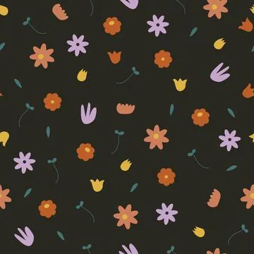 Seamless colourful fabric pattern on black background with doodle cute hand d Stock Illustration