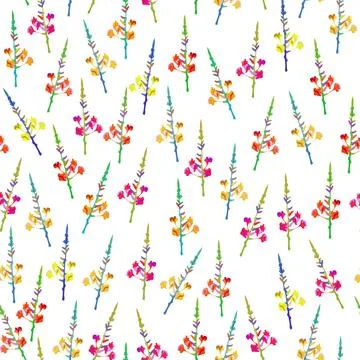 Seamless colourful pattern background with hand drawn tiny flower bush , gree Stock Illustration