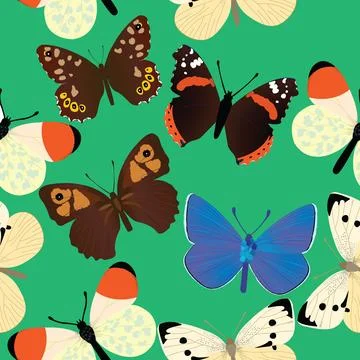 Seamless common butterfly pattern with green background Stock Illustration