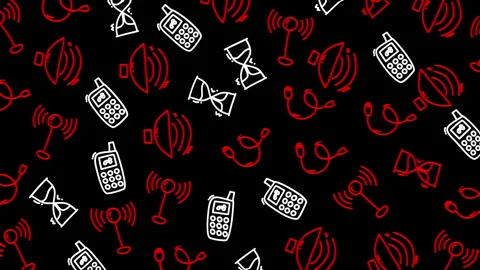 Seamless communication icons pattern loop red and white on black background Stock Footage 327968027
