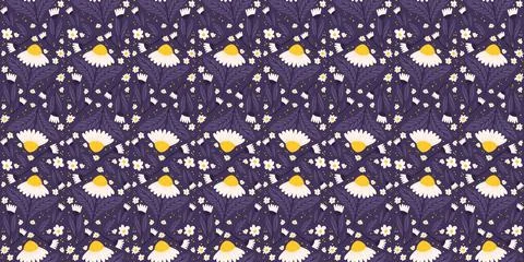 Seamless composition showcasing midnight violet daisy elements. Chamomile r.. Illustrazione stock