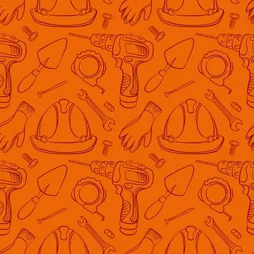 Seamless construction pattern with drill, helmet, gloves. wrench and tools line Stock Illustration