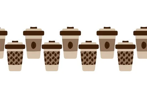 Seamless Continuous line of disposable cups with pattern and coffee beans Illustrazione stock