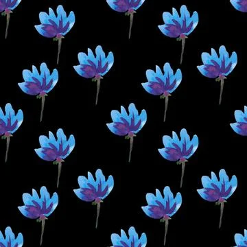 Seamless continuous pattern, blue flowers on black background. Stock Illustration