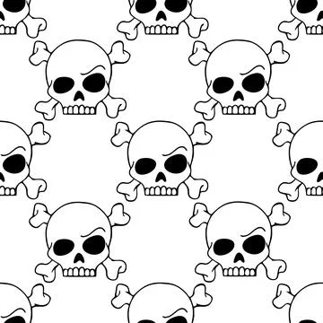 Seamless contour graphic pattern of black skulls on a white background Stock Illustration