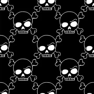Seamless contour graphic pattern of white skulls on a black background Illustrazione stock