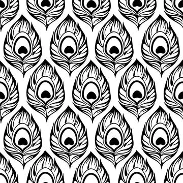 Seamless contour pattern of black peacock feathers on a white background, t.. Illustrazione stock