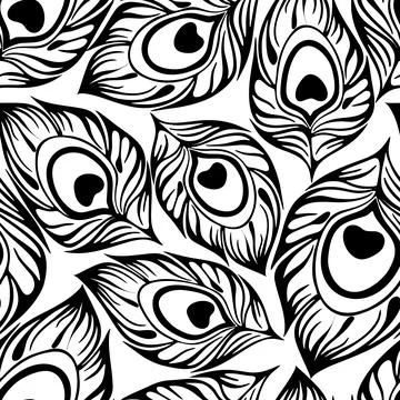 Seamless contour pattern of black peacock feathers on a white background, t.. Stock Illustration