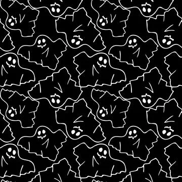 Seamless contour pattern of graphic flying white ghosts on a black background Stock-Illustration