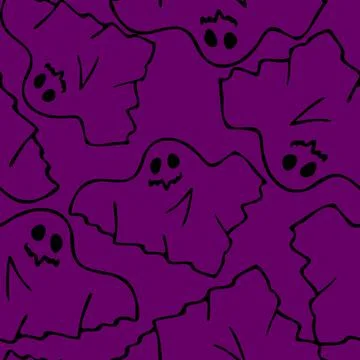 Seamless contour pattern of graphic flying black ghosts on purple background Stock Illustration