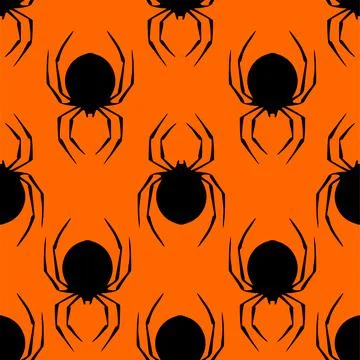Seamless contour pattern of graphic silhouettes of black spiders on an orange Stock Illustration