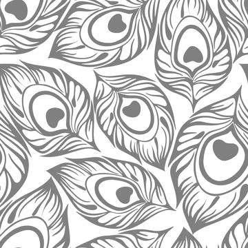 Seamless contour pattern of gray peacock feathers on a white background Stock Illustration