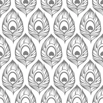 Seamless contour pattern of gray peacock feathers on a white background Stock Illustration