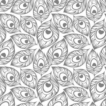 Seamless contour pattern of gray peacock feathers on a white background, te.. Illustrazione stock