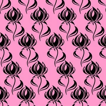 Seamless contour pattern of large black flowers on a pink background Stock Illustration