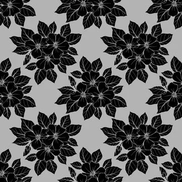 Seamless contour pattern of large black flowers on a gray background, textu.. Stock Illustration