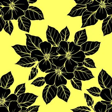 Seamless contour pattern of large black flowers on a yellow background, tex.. Stock Illustration