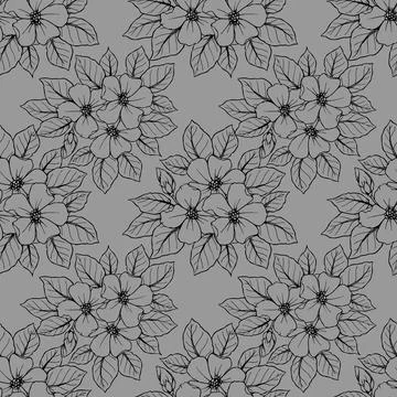 Seamless contour pattern of large black flowers on a gray background, textu.. Stock-Illustration