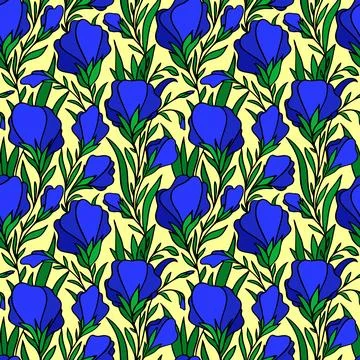Seamless contour pattern of large blue flowers on a yellow background, textur Stock-Illustration