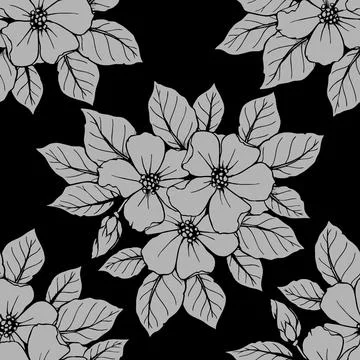 Seamless contour pattern of large gray flowers on a black background, textu.. Stock Illustration