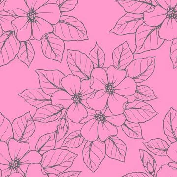 Seamless contour pattern of large gray flowers on a pink background, textur.. Stock Illustration