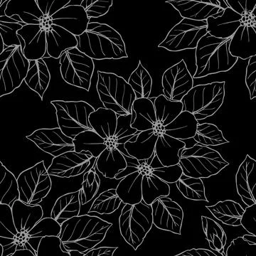 Seamless contour pattern of large gray flowers on a black background, textu.. Stock Illustration