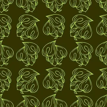 Seamless contour pattern of large green graphic flowers on an olive Illustrazione stock