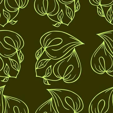 Seamless contour pattern of large green graphic flowers on an olive Illustrazione stock