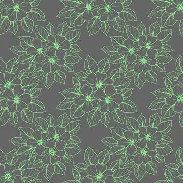 Seamless contour pattern of large green flowers on a gray background Stock Illustration