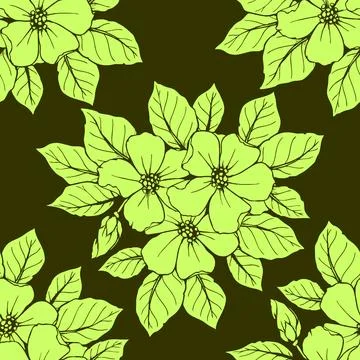Seamless contour pattern of large green flowers on an olive background, tex.. Illustrazione stock