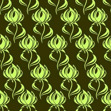 Seamless contour pattern of large green flowers on an olive background, tex.. Illustrazione stock