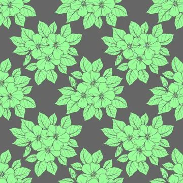 Seamless contour pattern of large green flowers on a gray background, textu.. Stock Illustration