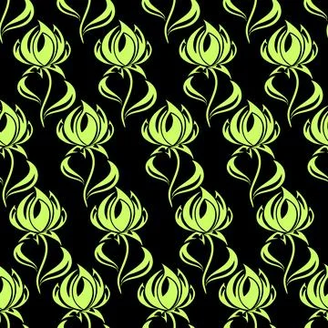 Seamless contour pattern of large green flowers on a black background, text.. Stock Illustration
