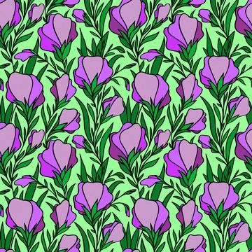 Seamless contour pattern of large magenta flowers on a green background, te.. Stock Illustration
