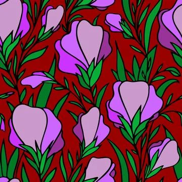 Seamless contour pattern of large magenta flowers on a red background, textur Stock Illustration