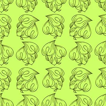 Seamless contour pattern of large olive graphic flowers on a green background Illustrazione stock
