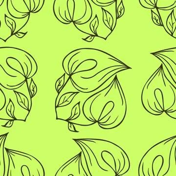 Seamless contour pattern of large olive graphic flowers on a green Illustrazione stock