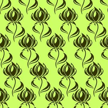 Seamless contour pattern of large olive flowers on a green background, text.. Illustrazione stock